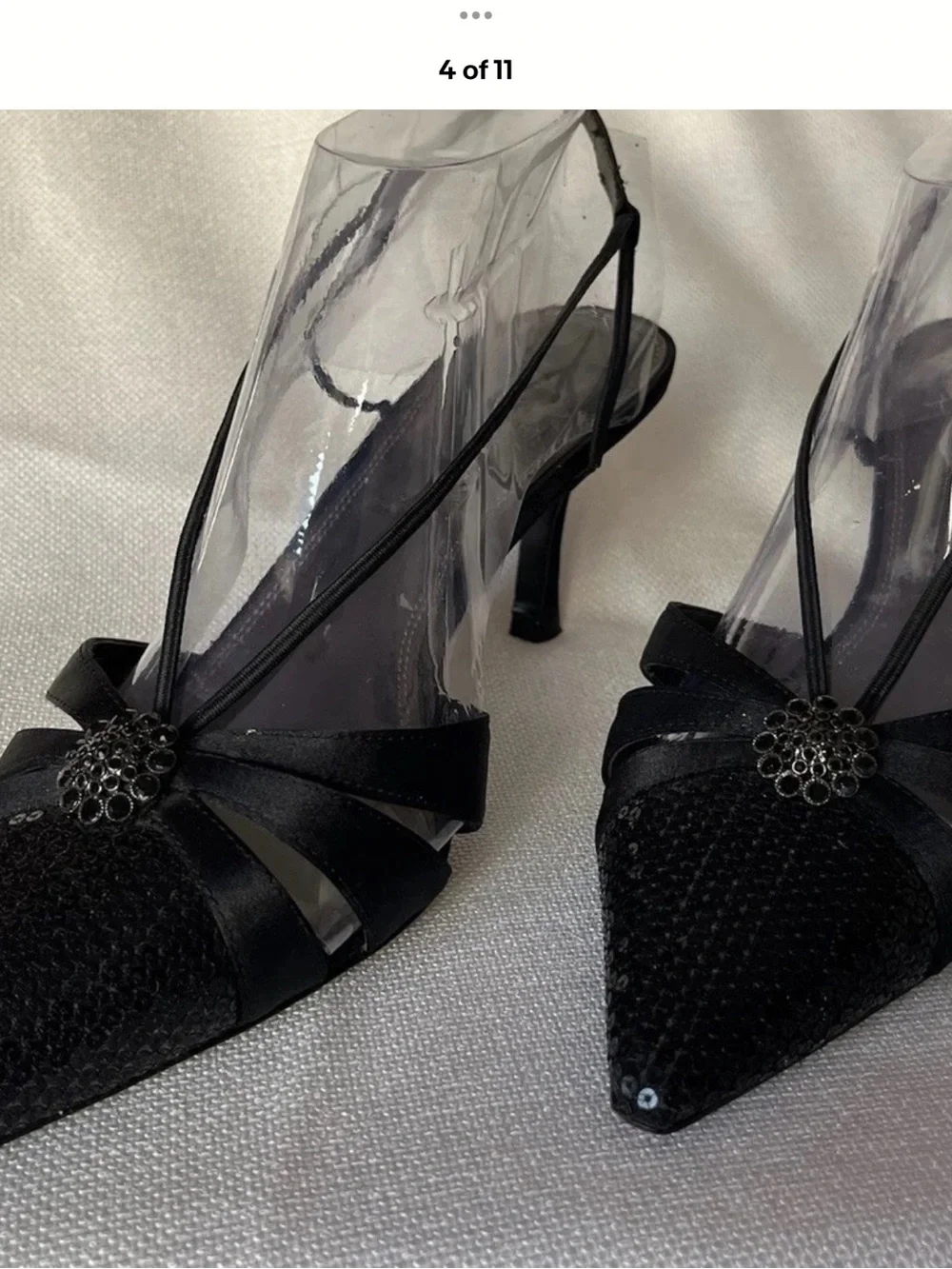 Black Satin Pointed Slingback Heels with Decorative Brooch